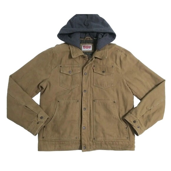 Levi's Other - Levis Jacket Men's Medium Brown Lined Zip Snap Canvas Hoodie Trucker Coat